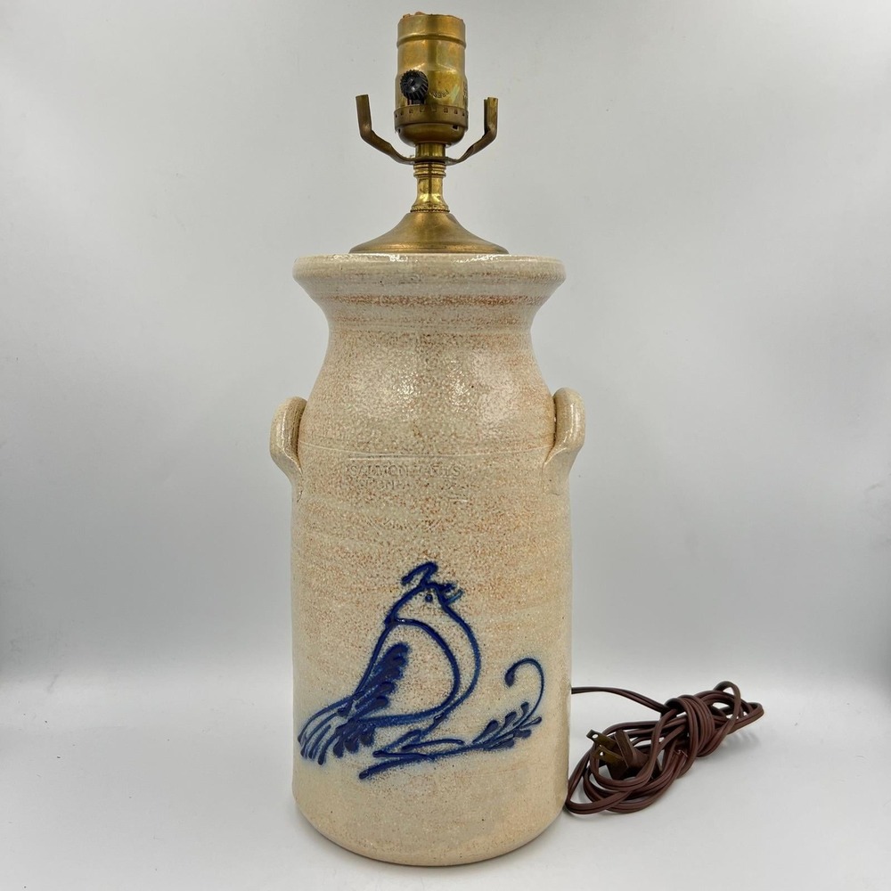 Salmon Falls Stoneware Crock Lamp Cobalt Blue Bird Motif Dover‎ NH Salt Glaze